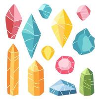 Set of colorful crystals in a flat style. Collection of various gemstone shapes with bright, vibrant colors and simple, geometric designs. vector