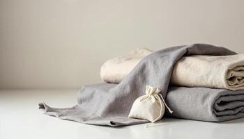 A stack of folded towels and a bag photo