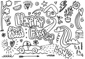 doodle hand drawings such as writing happy family, love and other symbols on a white background vector