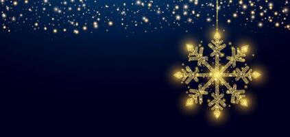 Hanging wireframe gold snowflake in low poly style. Christmas and New Year concept. Abstract modern illustration on bokeh background vector