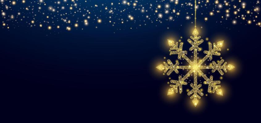 Hanging wireframe gold snowflake in low poly style. Christmas and New Year concept. Abstract modern illustration on bokeh background