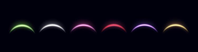 Magic arches different colors with glowing particles, sunlight lens flare. Neon realistic energy flare arch. Abstract light effect vector