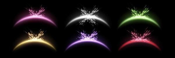 Magic arches different colors with glowing particles, sunlight lens flare. Neon realistic energy flare arch. Abstract light effect vector
