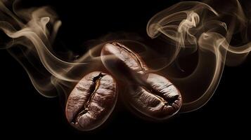 close up view of coffee beans with smoke isolated on black background photography photo