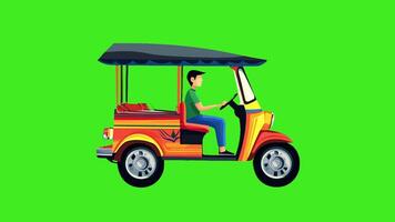A man driving a tuk tuk on a green background video