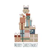Stack of gifts in the shape of Christmas tree with the inscription Merry Christmas vector
