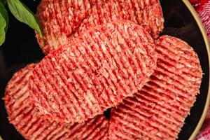 cutlet meat raw fresh ground beef burger, pork, chicken, turkey dish gourmet food background on the table rustic food top view copy space photo