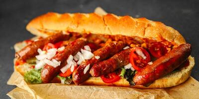 hot dog sausages, bun, sauce fast food dish fresh gourmet food background on the table rustic food photo