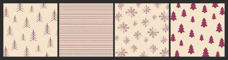 set of Christmas patterns featuring xmas trees, with a Scandinavian Norwegian simple winter print. This minimalistic graphic illustration includes a striped herringbone pattern adorned with snowflakes vector