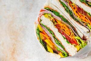 sandwich layers vegetables and ham meat spam fresh meal food snack on the table copy space food background rustic top view photo