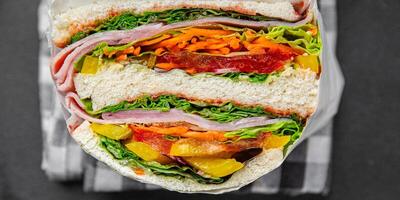 sandwich layers vegetables and ham meat spam fresh meal food snack on the table copy space food background rustic top view photo