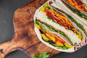 sandwich layers vegetables and ham meat spam fresh meal food snack on the table copy space food background rustic top view photo