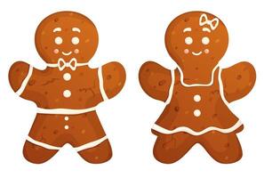 Gingerbread man and woman isolated on white. Xmas homemade pastry with frosting. vector