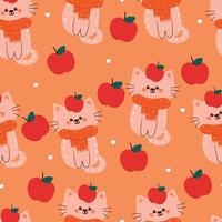 seamless pattern cartoon cat with apple and autumn vibes. cute animal wallpaper for fabric print, gift wrap paper vector