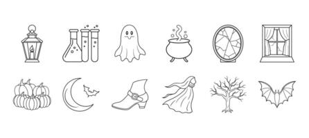 Halloween Icon Set with Ghost, Pumpkins, Cauldron, Bats, Lantern, Witch Elements for Coloring vector