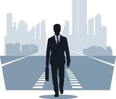 A business man walks silhouette with a city in the background. vector