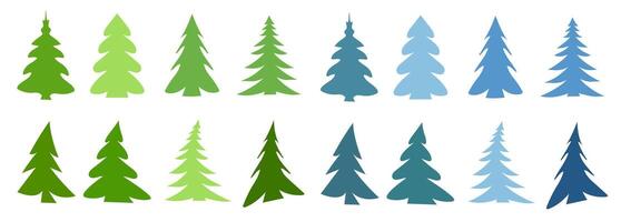 A collection of Christmas trees in various shapes and colors, set against a white background. illustration vector