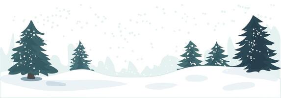 A tranquil winter landscape featuring snow-covered trees and gentle snowfall on a light background. illustration vector