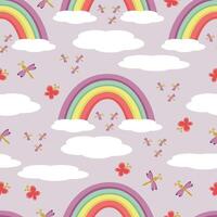 pattern rainbow, clouds and insects on a lilac vector