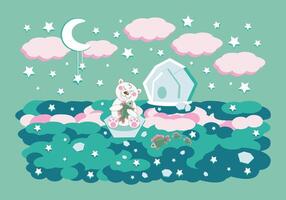 Polar bear cub sitting on ice floe near water with fish under moon - horizontal vector