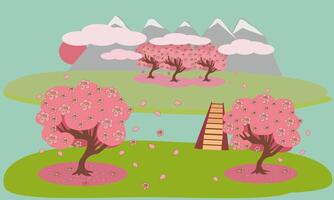 Spring mountain landscape with blooming sakura trees and a bridge vector