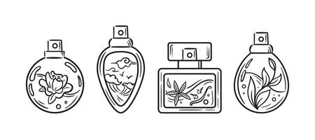 Set of perfume bottles. Floral, spicy, sea and herbal aromas. illustration in sketch style. Bottles with magic potion. For sticker, poster, postcard, design element vector