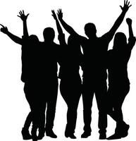 Large group of people celebrating events with arms raised standing against white background vector