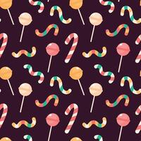 Seamless pattern of candies. Caramel stick, lollipop on dark background. Holiday texture, pagking design vector