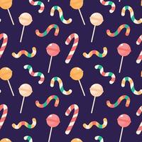 Seamless pattern of candies. Caramel stick, lollipop, candy cane on dark background. Holiday texture, pagking design vector