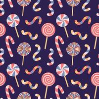 Seamless pattern of candies. Caramel stick, lollipop, candy cane on dark background. vector