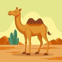 Cute two-humped camel in the desert, illustration in flat style. vector