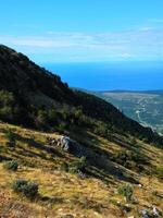 Vertical view of a sunlit mountain slope with greenery and rocks near the Bay of Kotor, Montenegro, under a bright blue sky with copy space. Ideal for nature backgrounds, brochures, or travel ads. photo