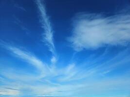 Clear blue sky with white clouds, nature presentation background, panorama. Horizontal photo with space for text. Bright, sunny September sky with small clouds copy space