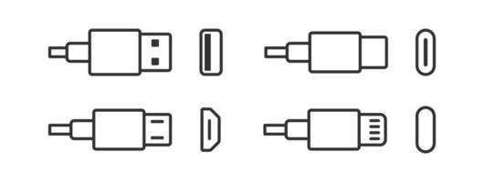 Usb cable icon. Type C port. Lightning connector. Computer wire. Micro usb adapter. vector