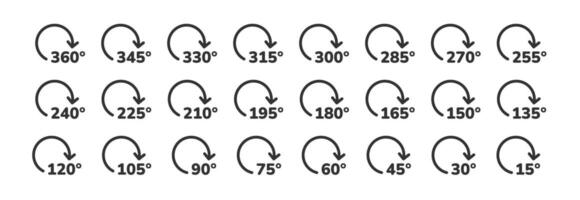 Angle rotate icon. Set of degree. Circle arrow. 360, 180 and other angle. vector
