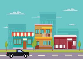 a simple shop building and restaurant located on the side of the road, with several trees and cars. vector