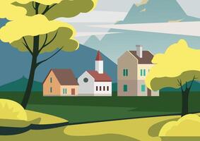 an old style building located in a rural area with a mountain backdrop vector