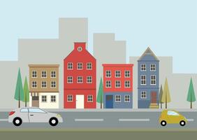 illustration of a building with some trees and two cars vector