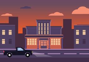 some buildings on the outskirts of the city with a dusk atmosphere. equipped with cars and a sunset background vector