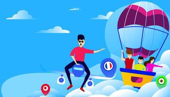 illustration of a man who is promoting a trip around the world with three customers riding in a balloon vector