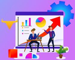 flat design about business strategy with illustration of two people to achieve more successful company by utilizing technology. upward graph and illustration of golden bull vector