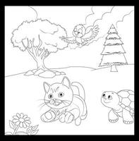 little cat playing with his friend, little turtle and little bird. with two trees background. easy coloring book for kids vector