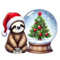 A cheerful sloth in a Santa hat next to a festive snow globe with a Christmas tree. png