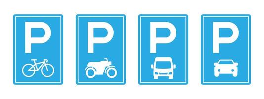Four parking icon signs, motorcycle, bicycle, vehicle, car vector