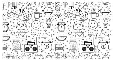 Seamless pattern in black and white repeated with mini doodle drawings icons. vector