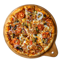 pizza with vegetables on a wooden cutting board png
