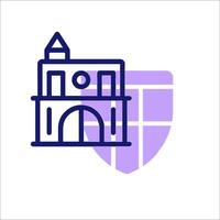 A purple and white icon of a building with a clock on it vector