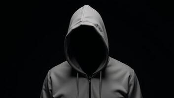 A lone figure dressed in a hooded sweatshirt stands amidst darkness and blurred shadows photo