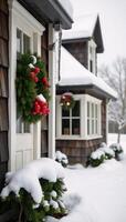 A cozy winter home decked out for Christmas in watercolor vectors photo