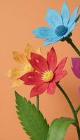 A detailed illustration showcases vibrant paper flowers and leaves against a peach backdrop photo